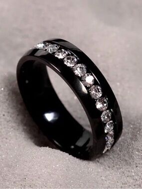 High Polish Black Titanium Diamond Eternity Wedding Engagement Promise Ring Band